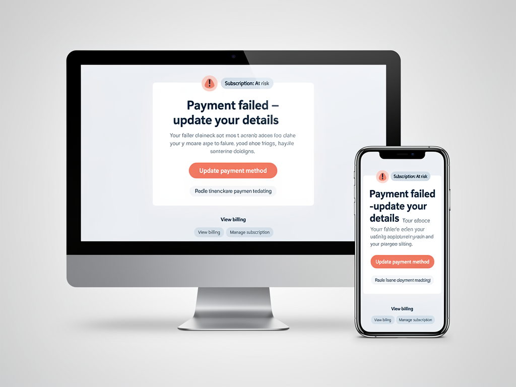 Email notification design showing a payment failure alert with clear messaging, update payment method button, and subscription status information, displayed on both desktop and mobile email client mockups with professional SaaS branding