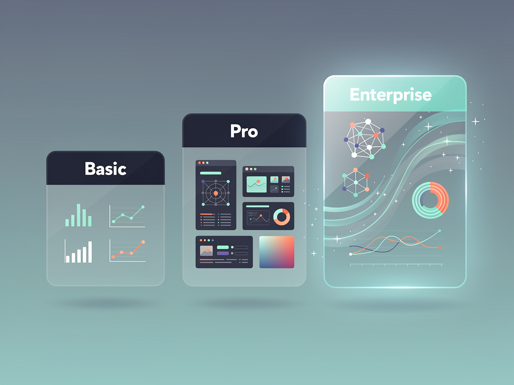 Pricing tier comparison table showing three SaaS plan levels with visualization features highlighted, including basic charts in the starter tier, interactive dashboards and custom colors in the professional tier, and advanced visualizations with white-labeling and API access in the enterprise tier, using clean iconography and clear feature differentiation
