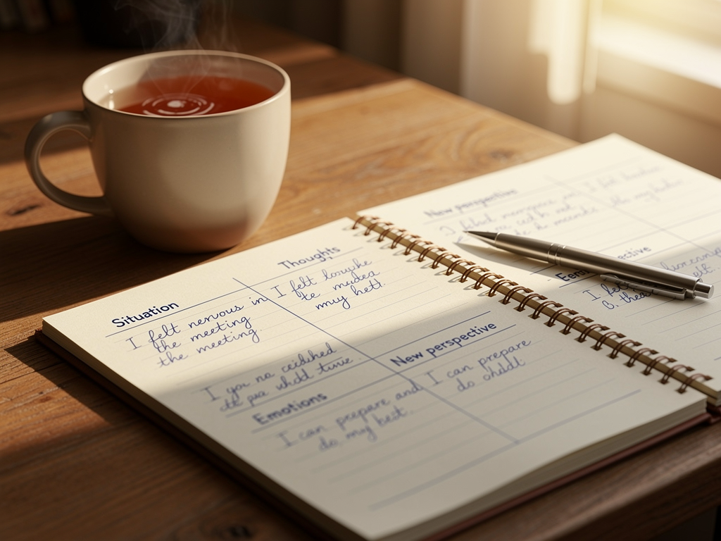 An open notebook showing handwritten thought records and cognitive restructuring exercises, alongside a cup of tea on a wooden desk, warm afternoon light suggesting a peaceful moment of self-reflection and therapeutic homework