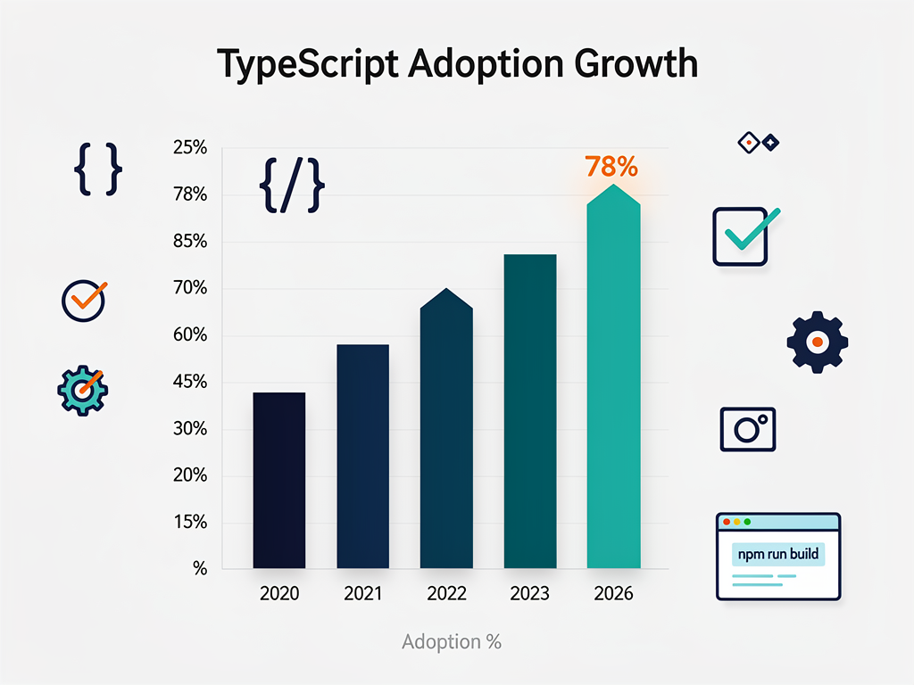 Infographic comparing TypeScript and JavaScript adoption rates from 2020 to 2026, showing TypeScript's dramatic rise from 25% to 78% adoption among professional developers, with clean data visualization bars and modern iconography against a light background