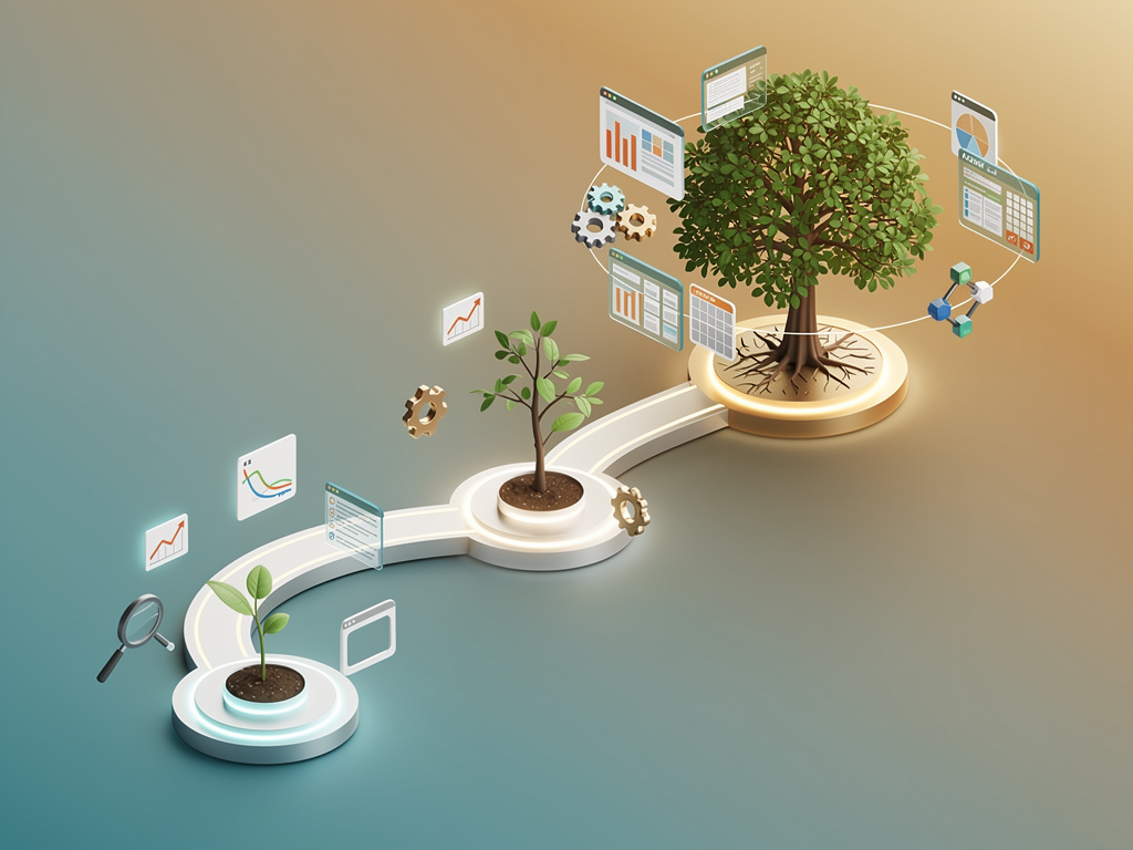Timeline infographic showing SEO tool needs evolving from free tools at launch through mixed free and paid tools at six months to primarily paid tools at twelve months as site authority and content volume grow