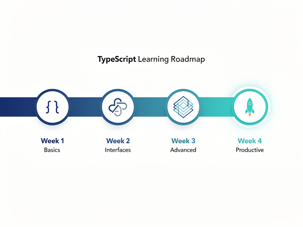 Infographic showing the TypeScript learning curve timeline, with milestones at week one for basic types, week two for interfaces and generics, week three for advanced patterns, and week four for full productivity, illustrated with clean icons and progress indicators