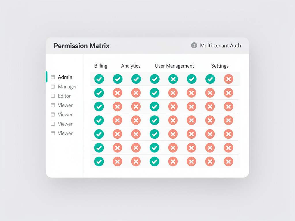 Permission matrix visualization showing different user roles across rows and feature permissions across columns, with checkmarks and X marks indicating access levels, styled as a modern dashboard component with subtle shadows and rounded corners
