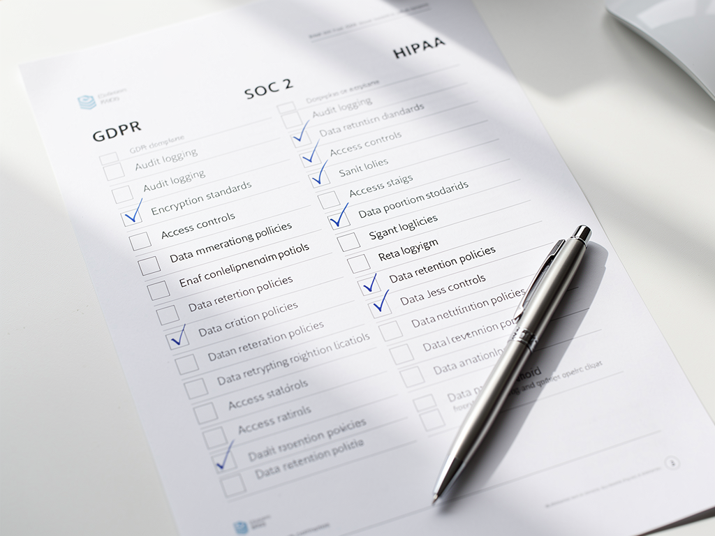 Compliance checklist document showing authentication security requirements with checkboxes for GDPR, SOC 2, and HIPAA requirements, including items for audit logging, encryption, access controls, and data retention policies