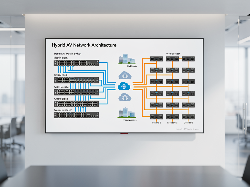A system diagram displayed on a large wall-mounted screen in a design studio, showing the interconnection between legacy matrix switches and new AVoIP components, with color-coded signal paths indicating hybrid architecture