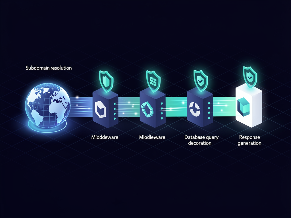 Flowchart depicting tenant context propagation through a request lifecycle, starting from subdomain resolution through middleware processing, database query decoration, and response generation, with security checkpoints highlighted at each stage