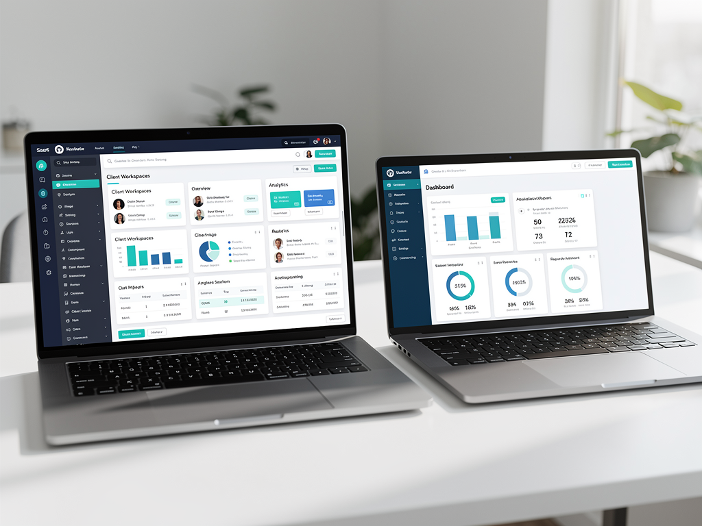 Split-screen comparison showing NextBuilder's multi-tenant dashboard interface on the left with multiple client workspaces visible, and a simpler single-application dashboard on the right, both displayed on modern laptop screens in a professional office setting with soft natural lighting