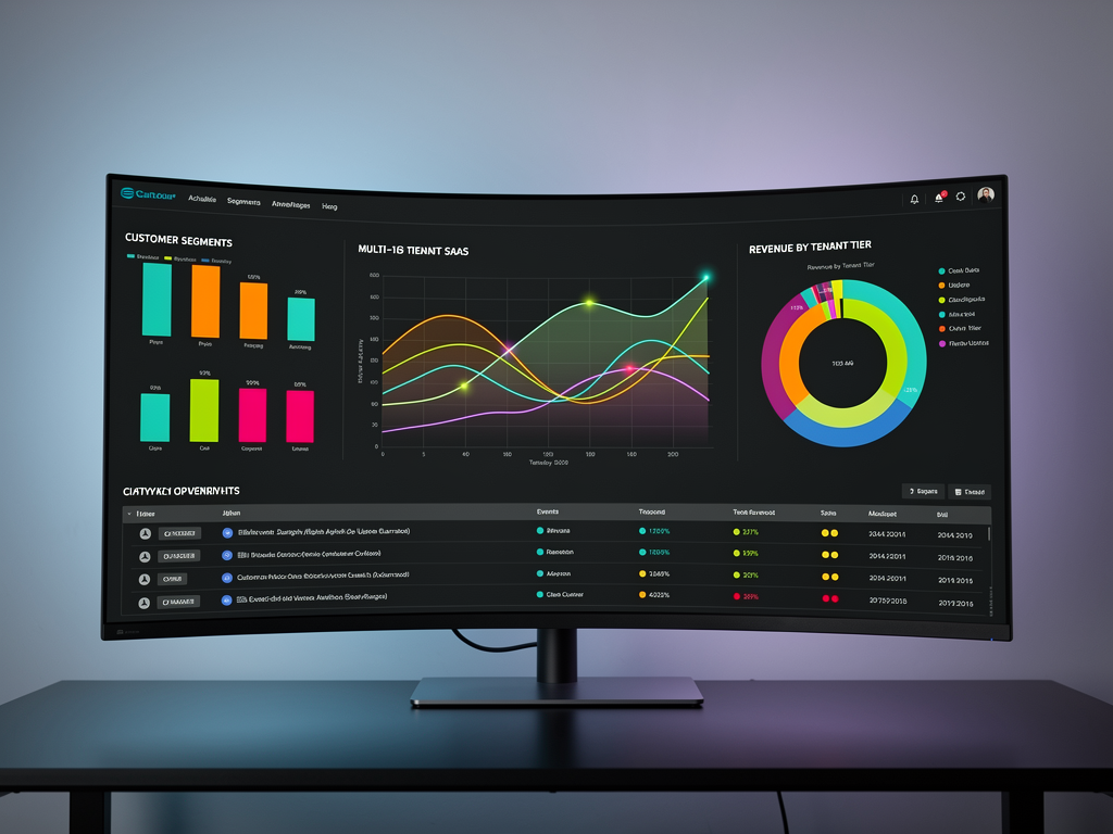 Analytics dashboard interface showing multi-tenant metrics with tenant comparison charts, usage graphs over time, revenue breakdown by customer segment, and real-time activity feed, modern dark theme with colorful data visualizations