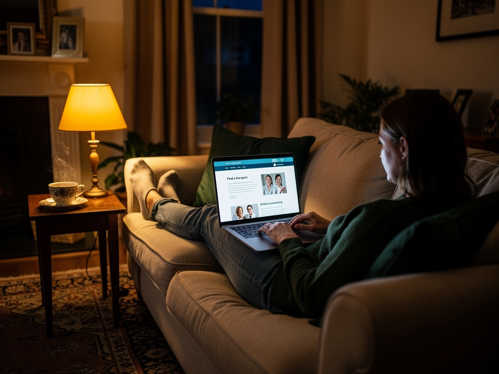 A person browsing a laptop in a cosy British living room, searching for therapists online, soft lamp lighting creating a comfortable evening atmosphere, representing the process of finding mental health support from home