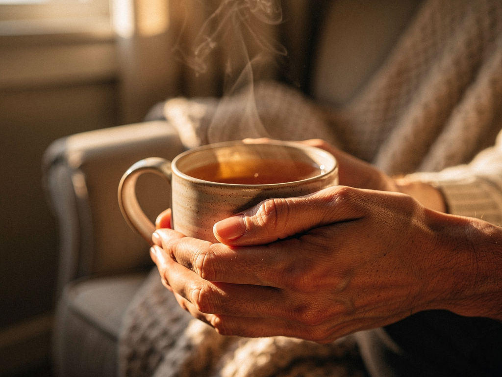Close up of hands gripping a warm cup of tea in a cosy living room setting, soft window light creating a calm atmosphere, suggesting someone taking a moment to process difficult emotions in a safe home environment