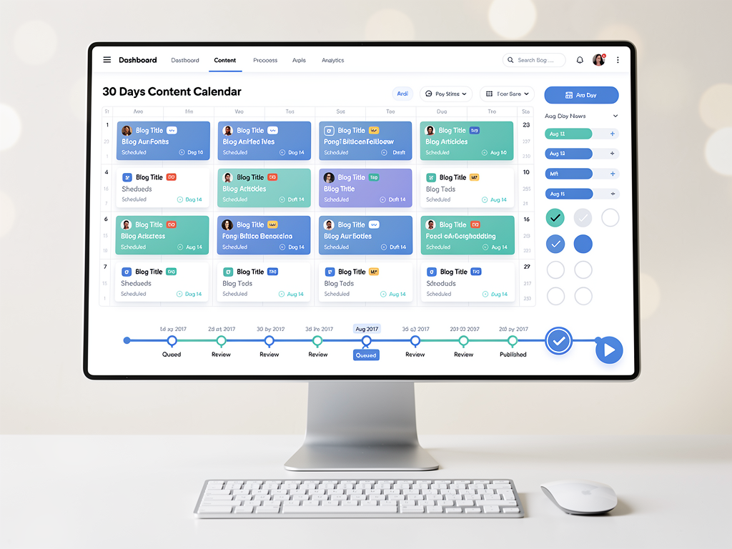 Dashboard interface showing a 30-day content sprint calendar with scheduled articles, completion status indicators, and automated publishing timeline in a clean, modern design with blue and white color scheme