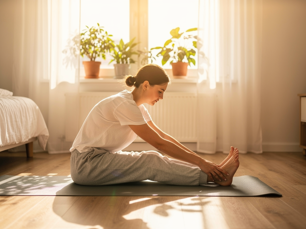 A person practising gentle stretching exercises in a bright, airy bedroom, yoga mat on wooden floor, plants on windowsill, morning light creating a sense of new beginnings and gentle movement