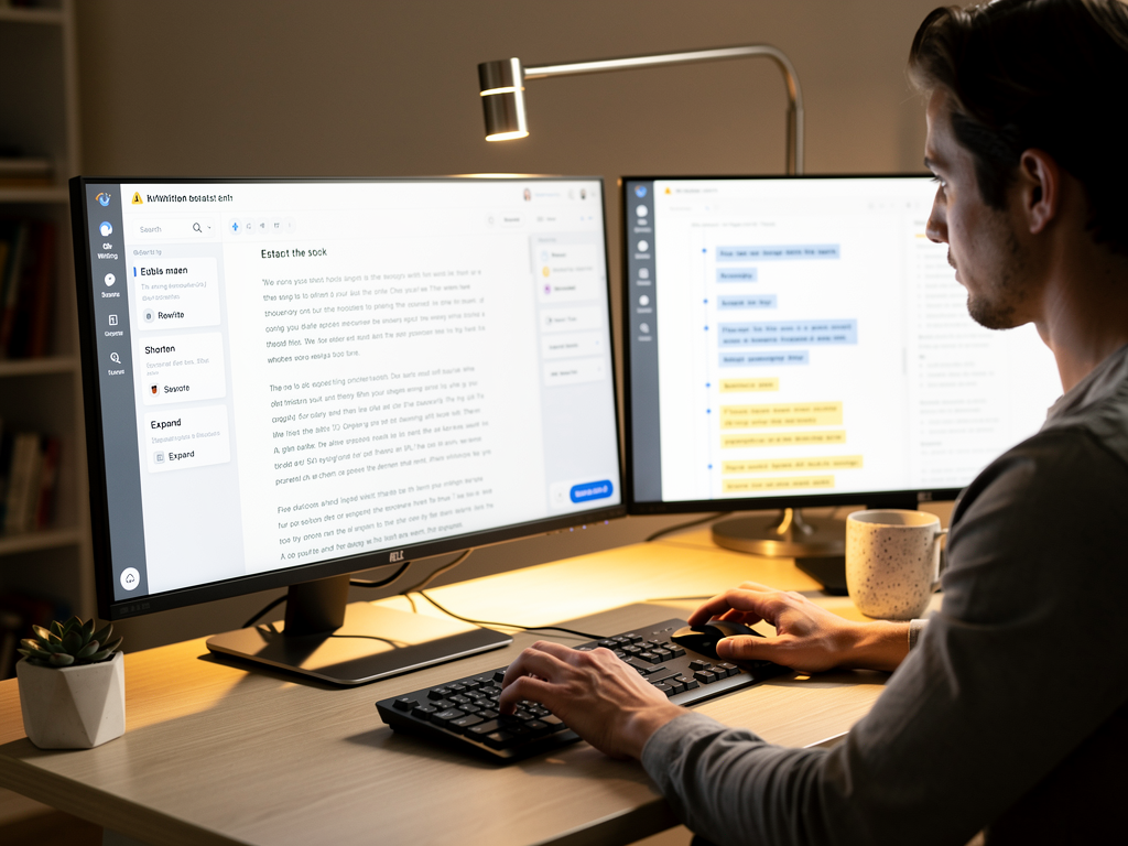 A content writer working at a modern desk with dual monitors, one screen showing an AI writing interface with a partially completed article, the other displaying research notes and an outline document, warm desk lamp lighting, focused work environment with plants and minimal decorations