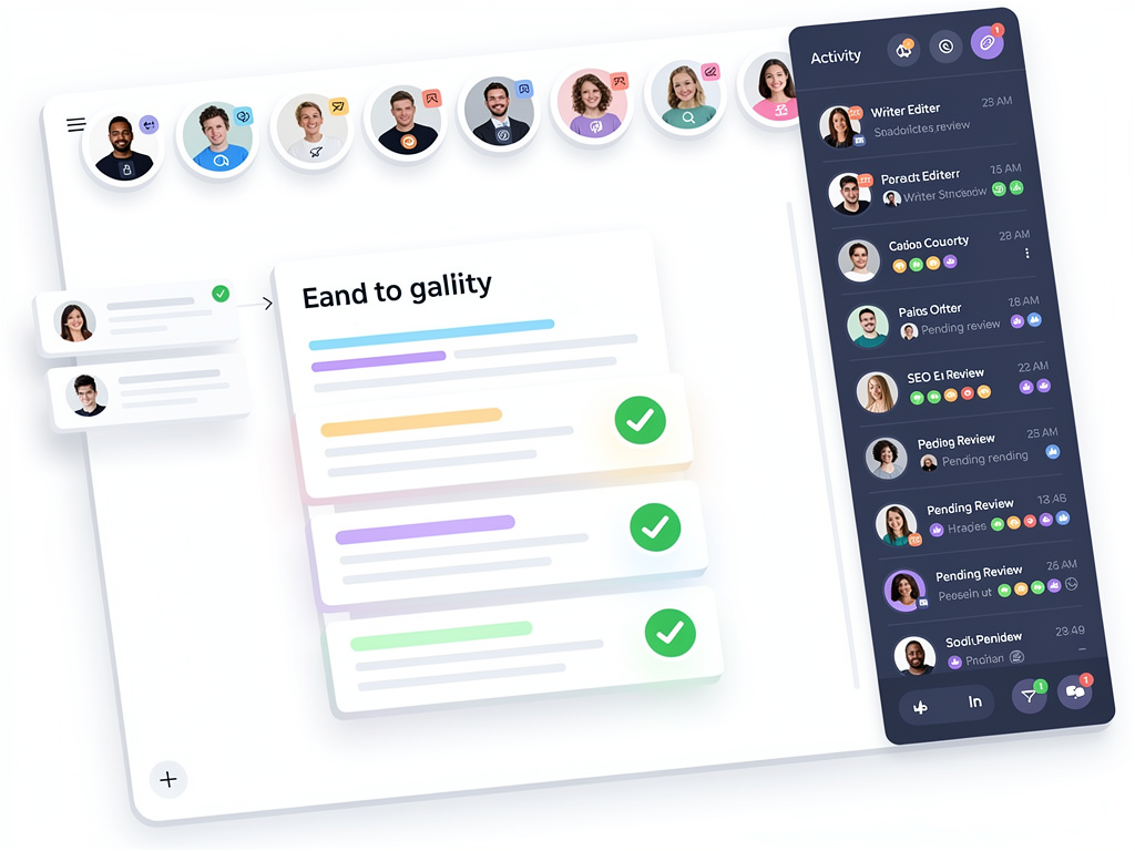 Team collaboration interface showing multiple user avatars with role badges, shared content workspace with commenting and approval workflow indicators, notification panel displaying recent team activity and pending reviews, professional project management aesthetic