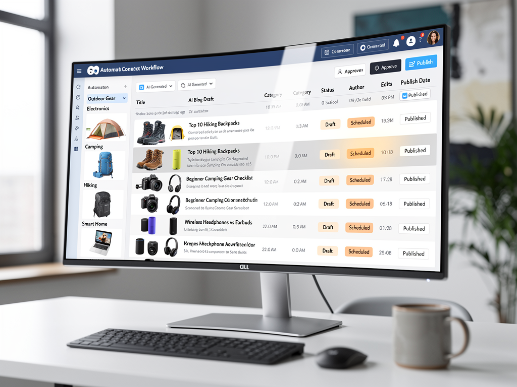 E-commerce website backend showing automated blog content queue alongside product pages, with AI-generated buying guides and comparison articles scheduled for publication across multiple product categories