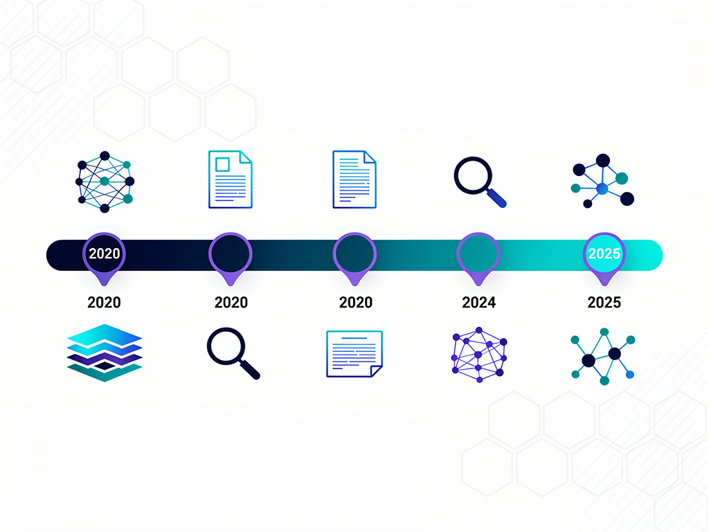 Timeline visualization showing the evolution of AI content tools from 2020 to 2025, marking key developments like GPT-3 release, Google's helpful content update, multimodal AI capabilities, and integration with search optimization platforms, modern infographic style with milestone markers