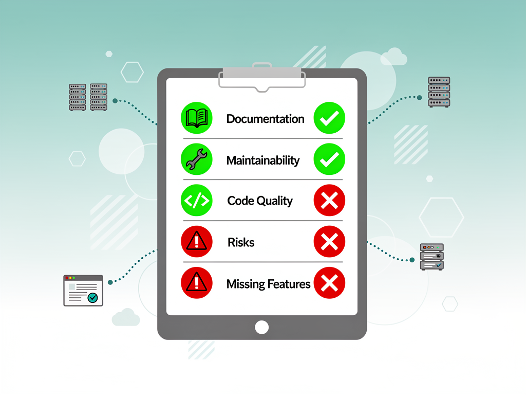 Comparison checklist showing boilerplate evaluation criteria with green checkmarks for positive indicators and red X marks for warning signs, clean infographic design with icons representing documentation, maintenance, and code quality