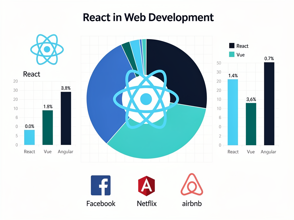 Infographic showing React's market share and adoption statistics, featuring pie charts displaying the percentage of websites using React, bar graphs comparing React to other frameworks like Vue and Angular, and icons representing major companies that use React including Facebook, Netflix, and Airbnb, rendered in a clean data visualization style with blue and teal color scheme