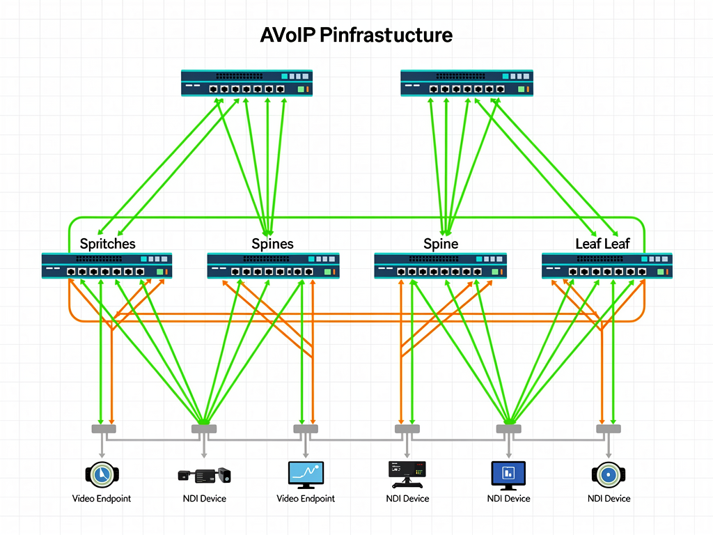 Network diagram illustration showing spine-leaf topology with dual spine switches at top connected to multiple leaf switches below, green connection lines indicating active paths and orange lines showing redundant standby paths, clean technical drawing style on white background