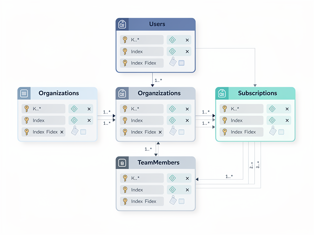 Database schema diagram showing the relationships between users, organizations, subscriptions, and team members in a multi-tenant SaaS application, with primary keys, foreign keys, and indexes clearly labeled in an infographic style with clean lines and professional typography