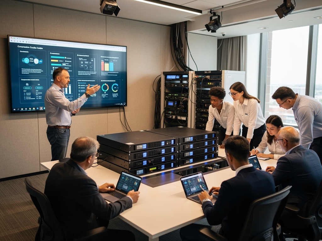 A training session with AV and IT professionals gathered around a demonstration setup, instructor explaining security concepts using a live AVoIP system, engaged participants taking notes, modern training facility