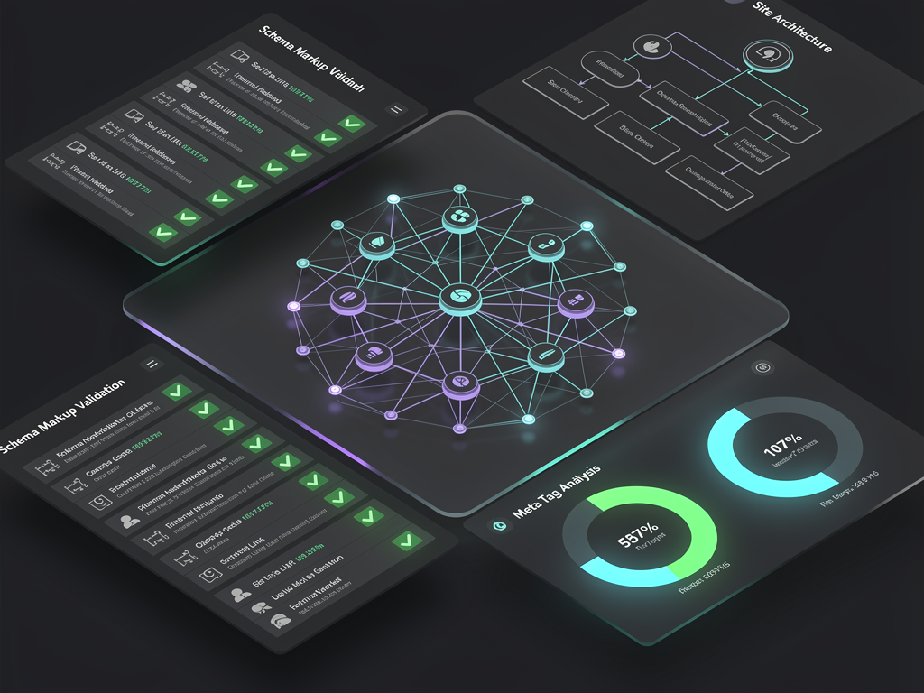 Technical SEO dashboard showing schema markup validation results, internal link structure visualization as a network graph, meta tag analysis scores, and site architecture diagram, dark theme interface with highlighted optimization opportunities and green checkmarks indicating properly configured elements