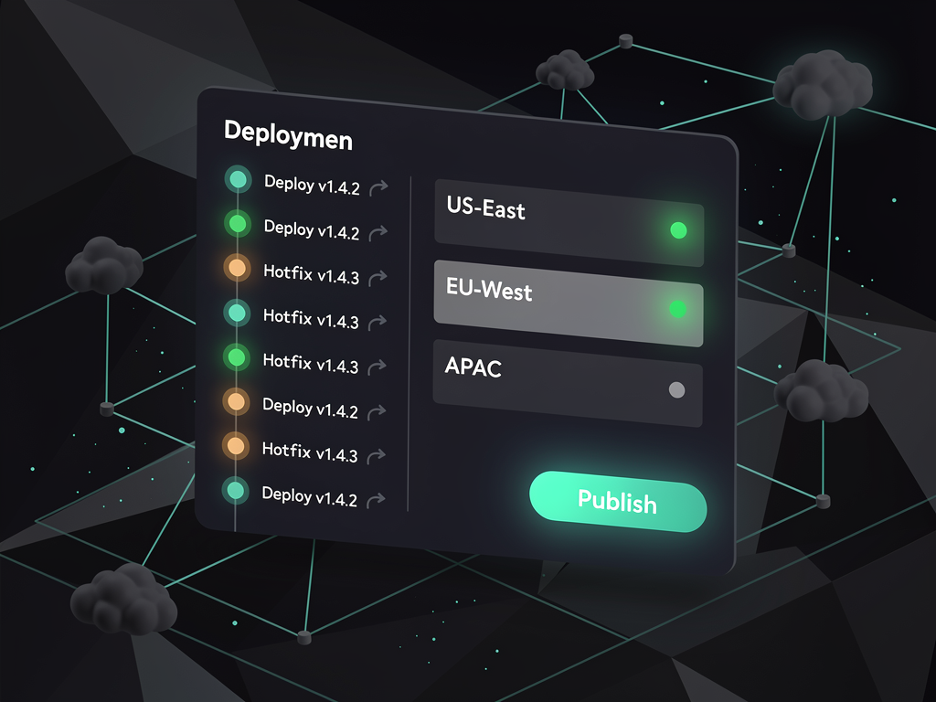 Deployment interface showing a timeline of recent publishes with timestamps and status indicators, a current deployment showing green healthy status across three regions (US East, EU West, Asia Pacific), rollback buttons for previous versions, and a prominent Publish Changes button with a preview link option
