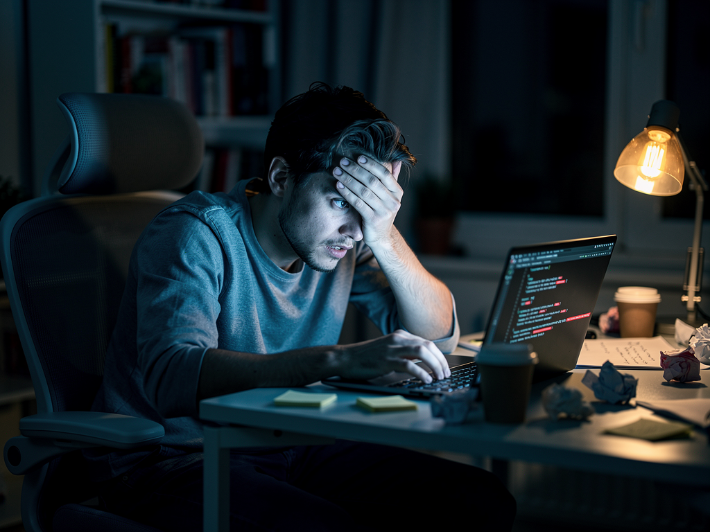 Developer looking frustrated at laptop screen showing error messages, with multiple browser tabs open to documentation and Stack Overflow, dimly lit home office environment conveying late-night debugging session