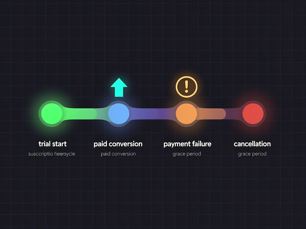 Timeline visualization showing subscription lifecycle events including trial start, conversion to paid, upgrade, payment failure, grace period, and eventual cancellation, with status indicators at each stage displayed horizontally with date markers