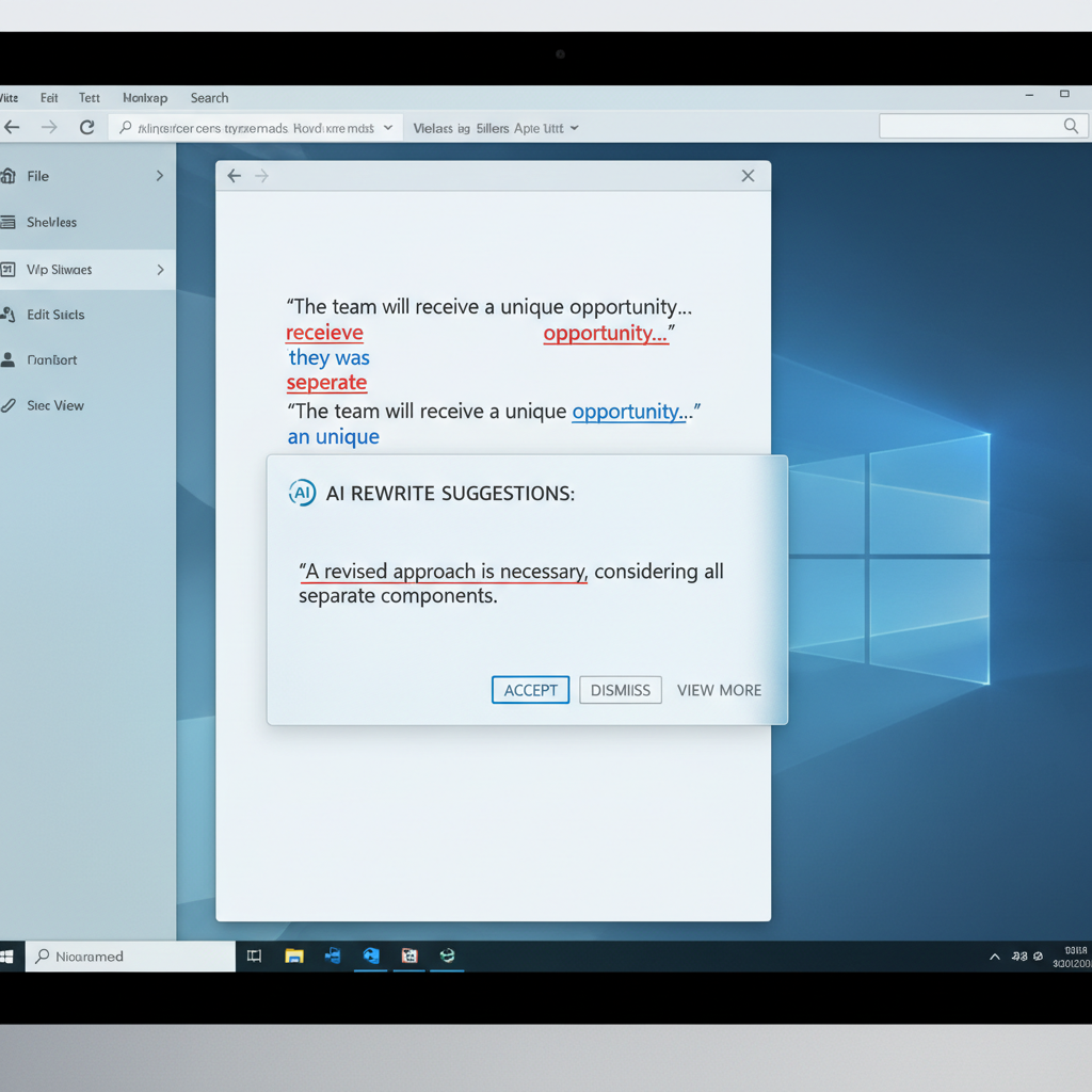 Close-up of a computer screen displaying a document with various grammar and spelling errors highlighted, alongside a pop-up window offering AI-powered corrections and stylistic suggestions