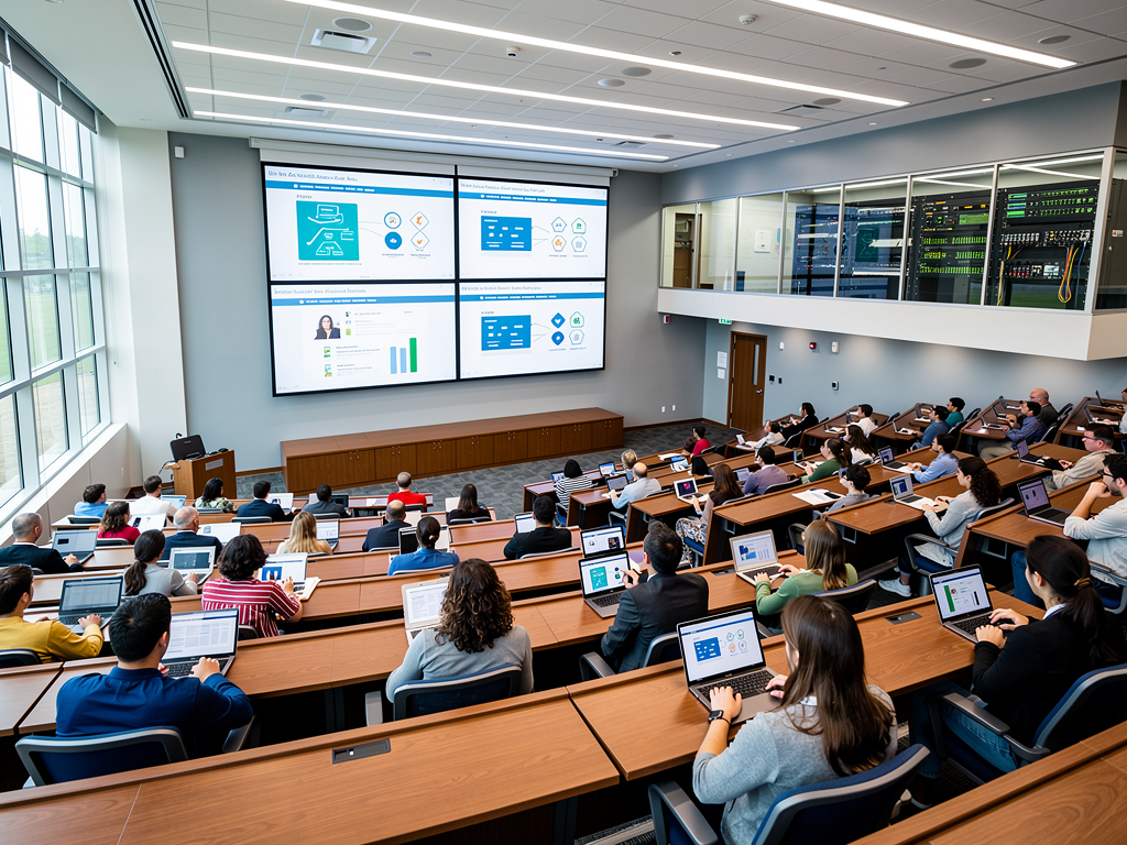 A large university lecture hall with multiple projection screens showing synchronized content, students seated in tiered seating, professional AV equipment visible at the rear of the room, bright educational environment with natural and artificial lighting