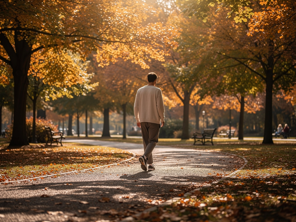 A person walking outdoors in a peaceful park setting, autumn leaves on trees, dappled sunlight, relaxed posture suggesting comfort and engagement with nature, conveying hope and gradual progress