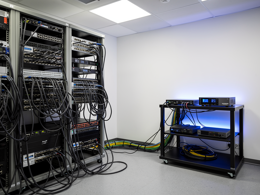 A side-by-side comparison setup showing traditional SDI equipment racks next to modern AVoIP solutions in a broadcast facility. The contrast highlights the reduced physical footprint and simplified cabling of the IP-based approach.