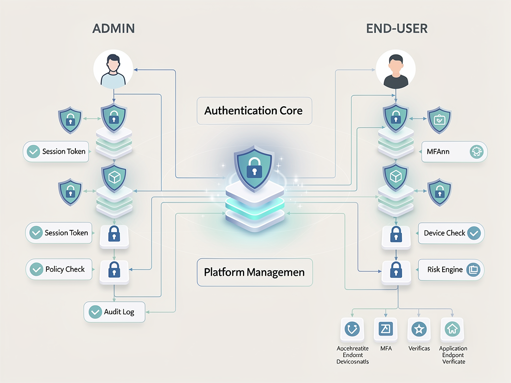 Detailed flowchart diagram showing NextBuilder's dual authentication system with two parallel paths: one for platform administrators logging in to manage their apps, and another for end-users accessing apps built on the platform, with session tokens and security layers illustrated at each step