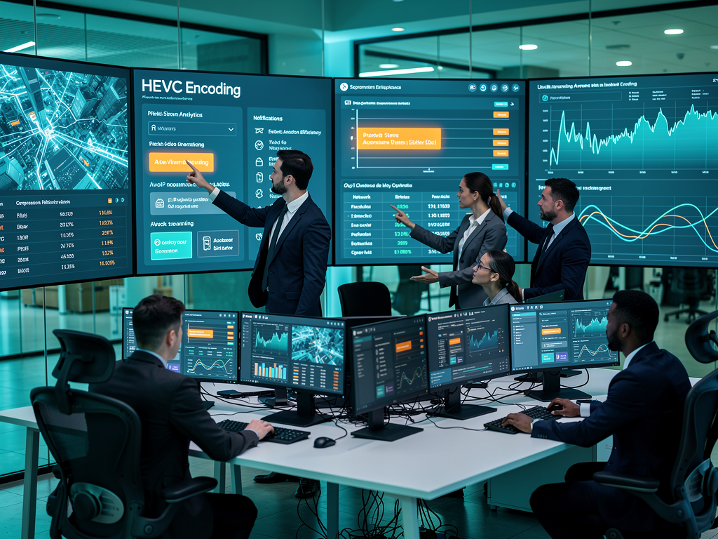 A security operations dashboard displaying real-time alerts, log analysis graphs, and network health indicators for AVoIP systems, multiple team members collaborating in a modern security operations center