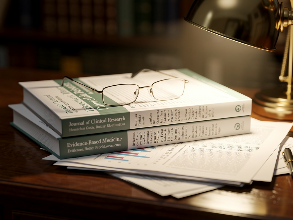 A stack of medical papers (blurred text) on a wooden desk, reading glasses placed on top, warm desk lamp illuminating the scene, suggesting evidence-based practice and ongoing scientific inquiry. Any visible text on the spines of books should be blurred.