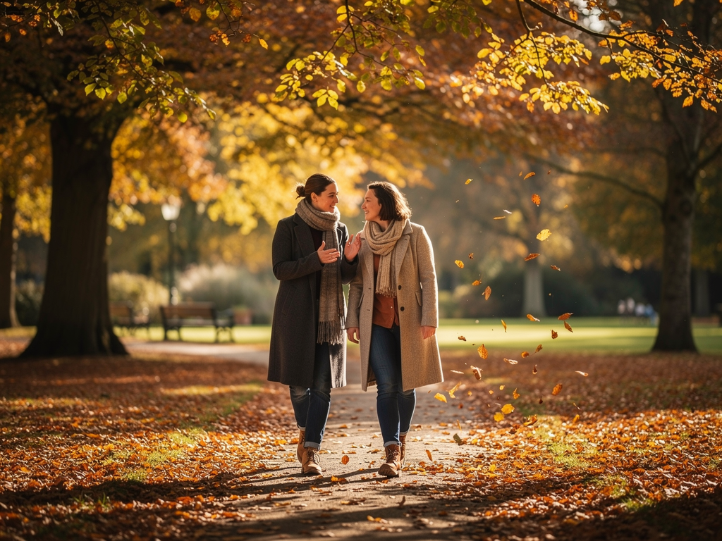 Two friends walking together through a peaceful British park in autumn, engaged in supportive conversation. Golden leaves cover the path and warm afternoon sunlight filters through the trees. The scene conveys connection, support, and the rebuilding of healthy relationships outside of abusive dynamics.