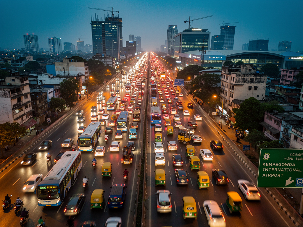 Aerial view of a busy Bangalore highway during evening rush hour with cars and buses in slow moving traffic, city skyline visible in the background, street lights beginning to illuminate as dusk approaches
