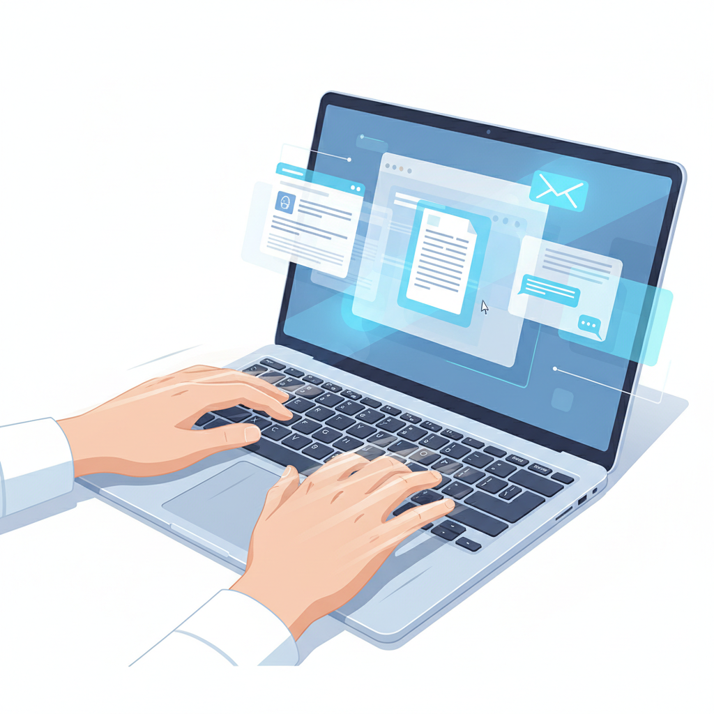 A person's hands typing quickly on a laptop keyboard, with a blurred screen in the background showing various open applications like email, a document editor, and a chat window, symbolizing the need for system-wide autocorrect.