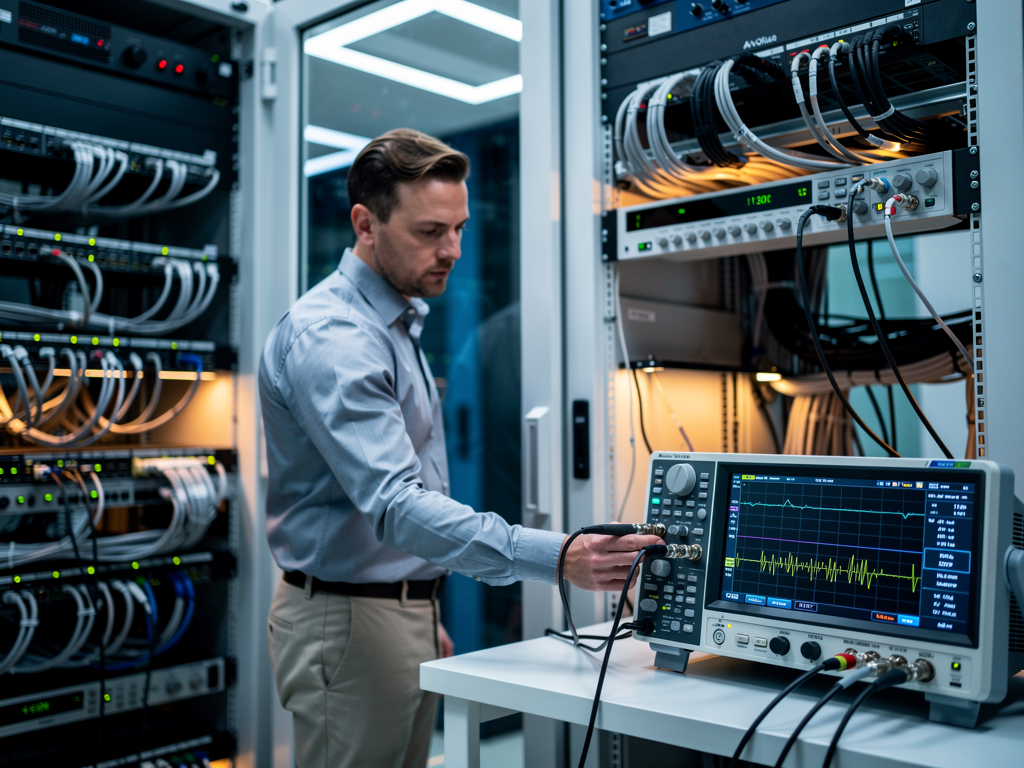 An audio visual technician using professional measurement equipment to analyze audio waveforms on an oscilloscope while testing an AVoIP decoder in a corporate equipment rack room with organized cable management and proper ventilation