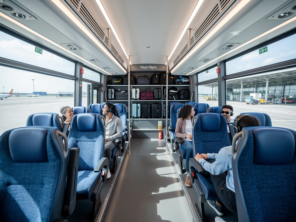 Interior view of a modern Vayu Vajra bus showing comfortable blue seats, air conditioning vents, and dedicated luggage storage area with passengers seated comfortably