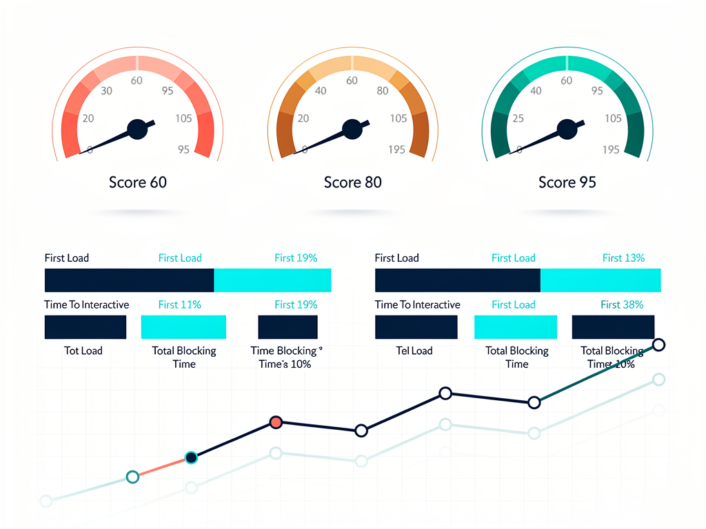 Clean infographic showing performance benchmark comparisons with speedometer-style gauges displaying Lighthouse scores, bar charts showing load time metrics, and trend lines indicating conversion rate improvements after framework migration, using modern data visualization design