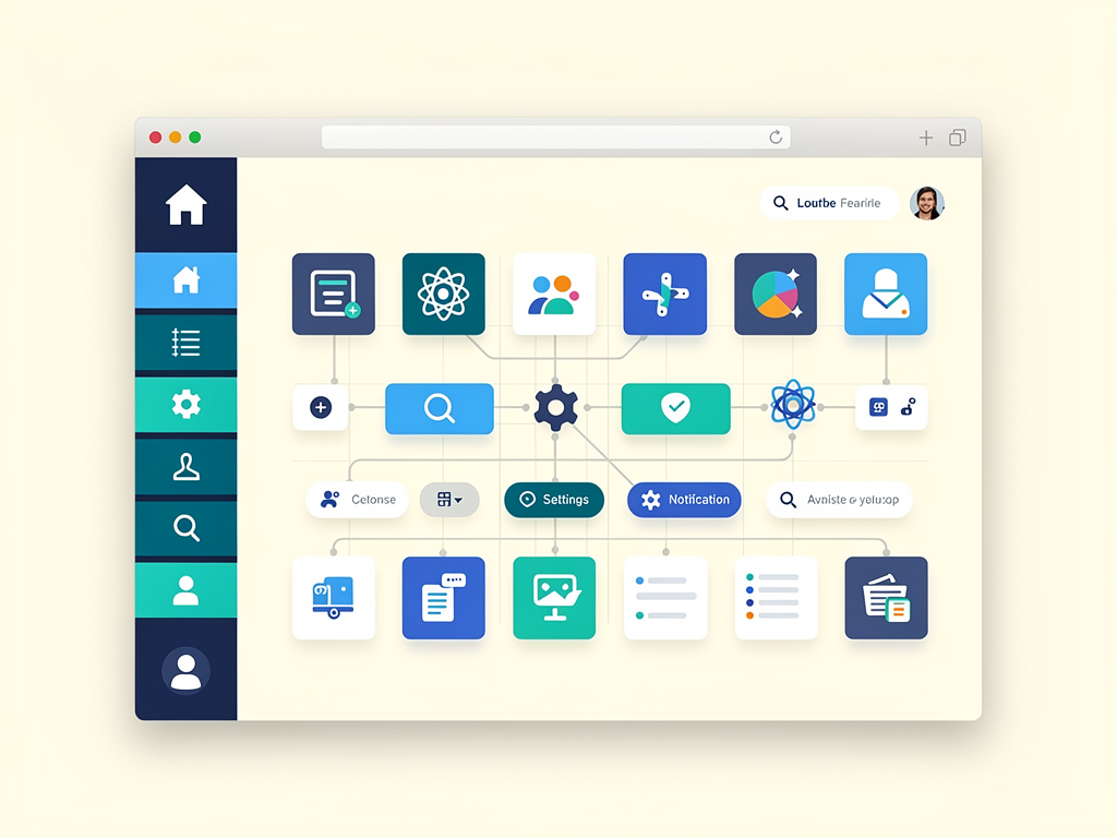 Modern SaaS dashboard interface showcasing various icon implementations including navigation icons, action buttons, and status indicators arranged in a clean grid layout with soft shadows and a light theme color scheme