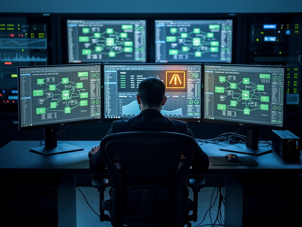 A monitoring dashboard displayed on multiple screens showing real-time system health metrics, green status indicators for most devices with one amber warning highlighted, operations technician reviewing the data in a dimly lit control room