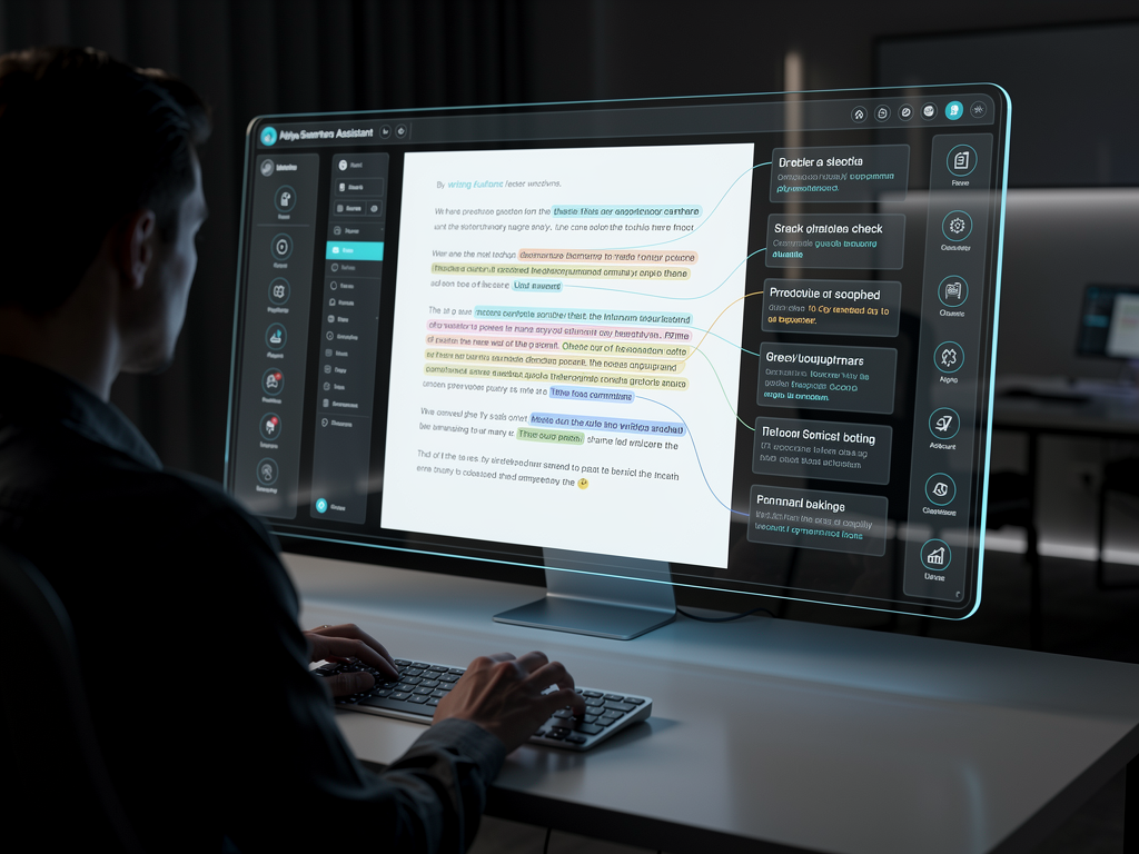 A futuristic interface showing a user interacting with an advanced AI writing assistant, with contextual suggestions and proactive grammar checks appearing seamlessly on screen.