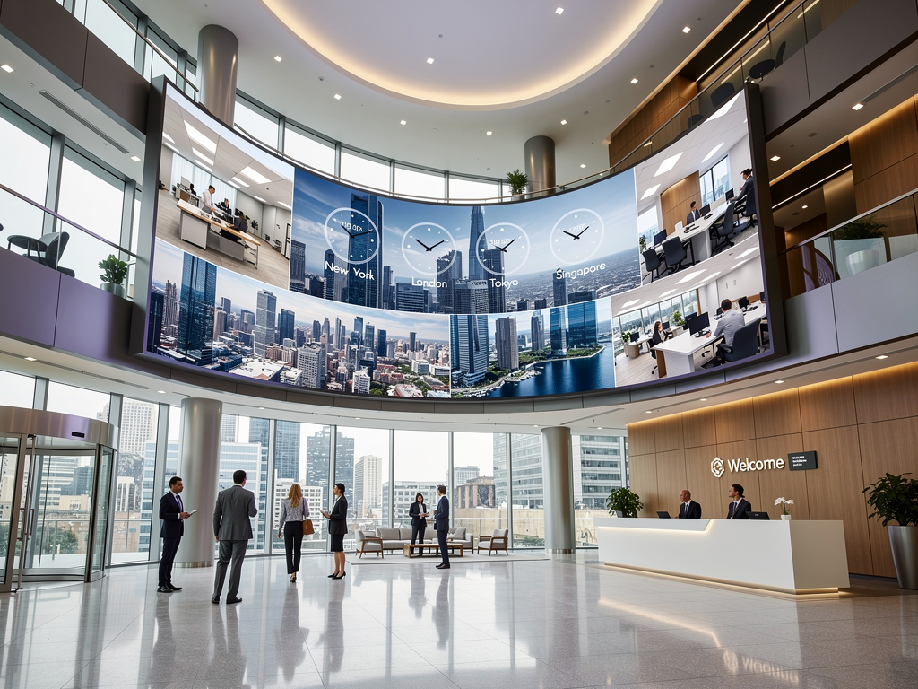 A global corporate headquarters lobby featuring a large video wall displaying synchronized content from multiple international offices, modern architectural design with glass and steel, professional visitors and employees walking through, warm welcoming lighting