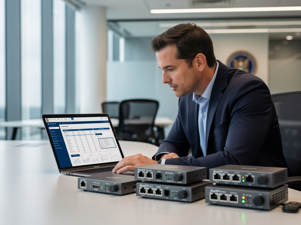 A professional AV consultant reviewing technical specifications on a laptop while examining AVoIP equipment samples on a conference table, natural window light supplementing overhead fixtures, conveying a thorough evaluation process