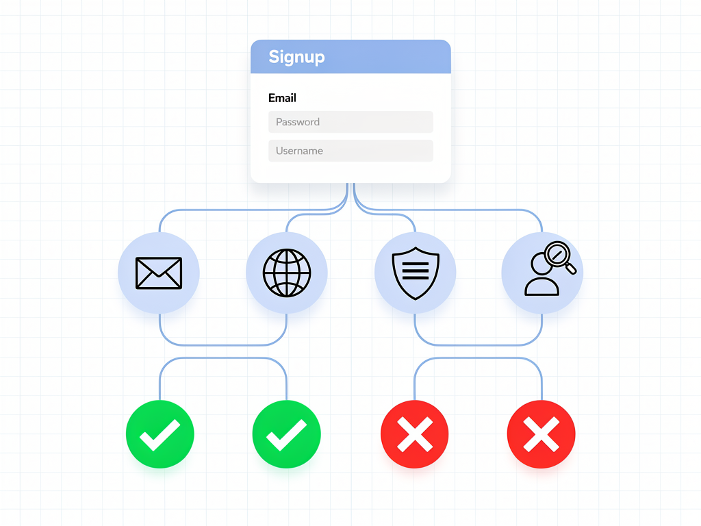 Flowchart infographic showing validation decision tree for a SaaS signup form, including email format check, domain validation, password strength evaluation, and async username availability check, with green checkmarks and red X marks indicating pass/fail states