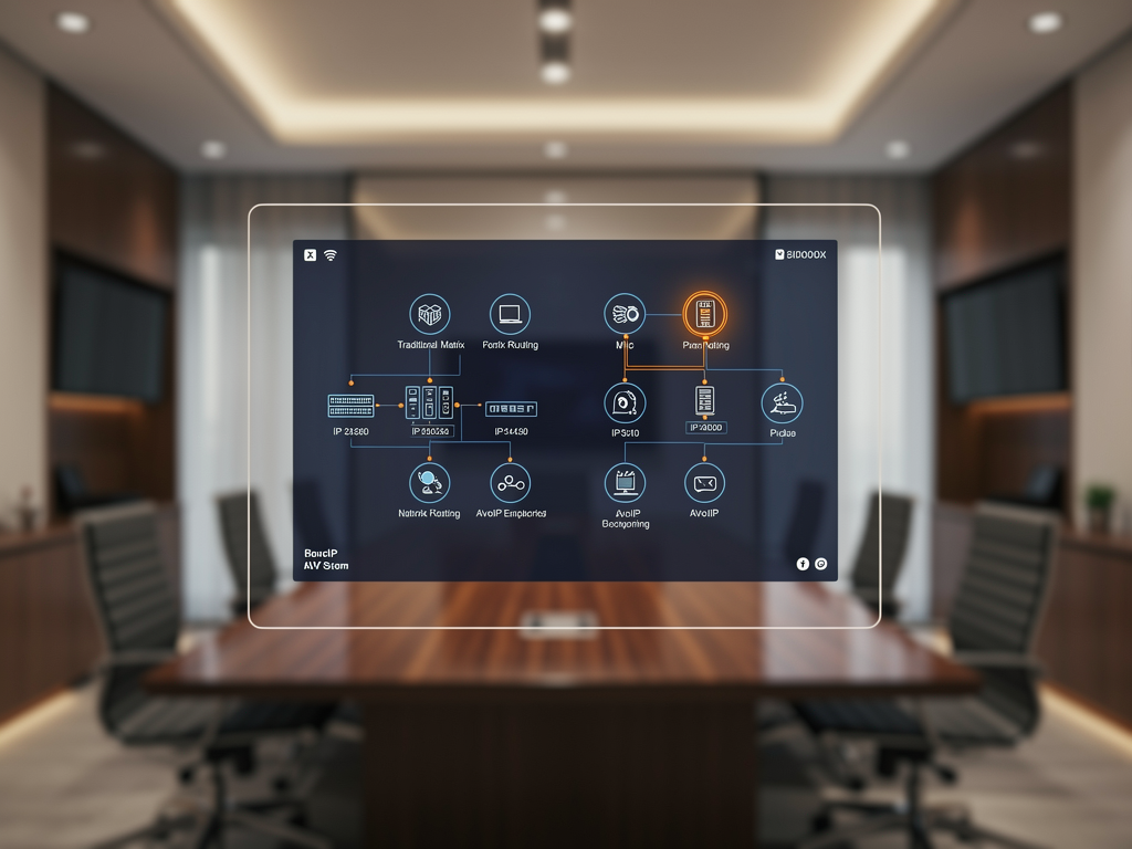 A touch panel control interface displaying an integrated AV system layout with both legacy matrix routing and AVoIP endpoints visible on screen, mounted on a conference room wall with warm ambient lighting reflecting off the glass surface