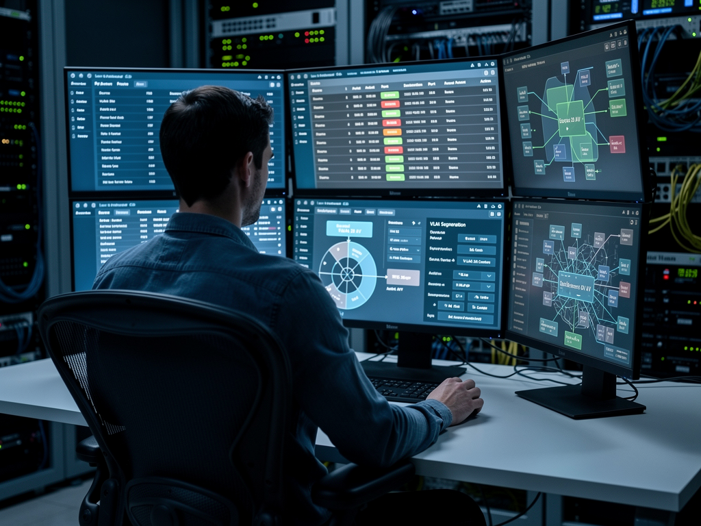 A cybersecurity professional reviewing network security configurations for an AVoIP deployment on multiple screens. Firewall rules, VLAN configurations, and encryption settings are visible on the displays. The secure operations center features subdued lighting and professional monitoring equipment.